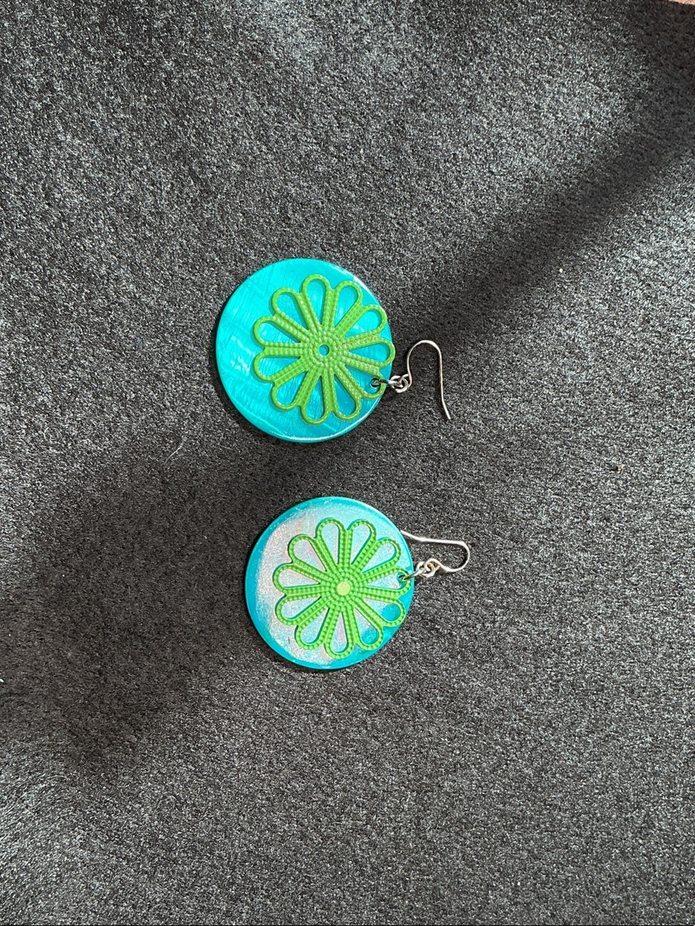 Handmade Teal & Lime Floral Round Dangle Earrings